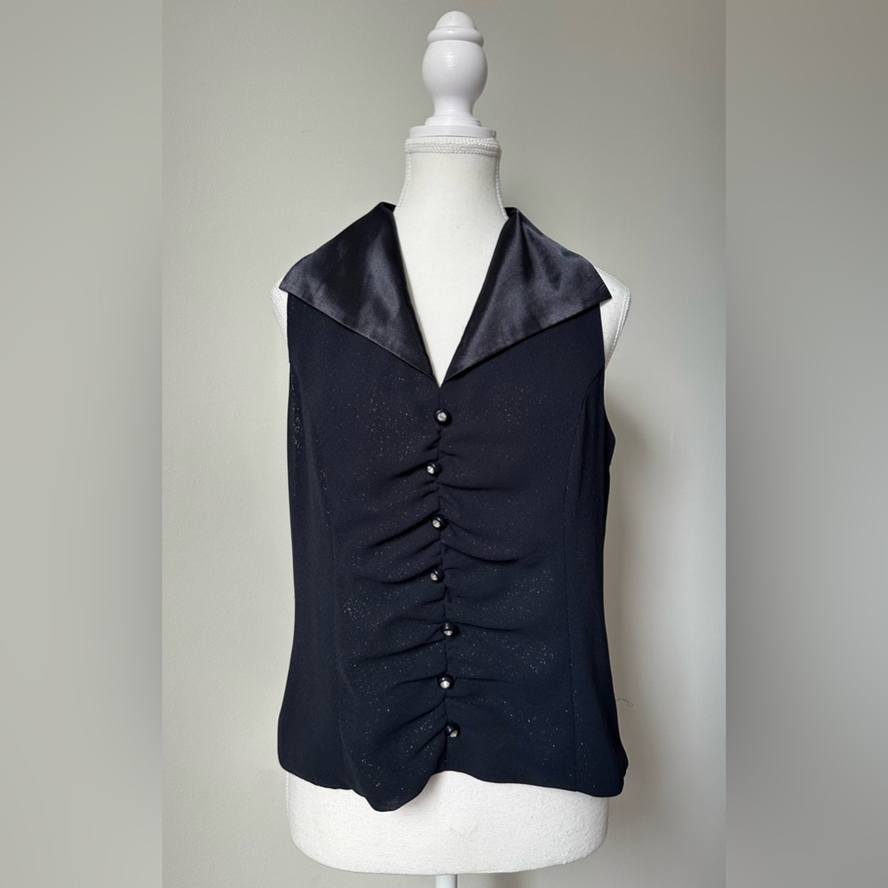 TRADITION Vintage Navy Blue Collared Sparkly Holiday Sleeveless Top Size L